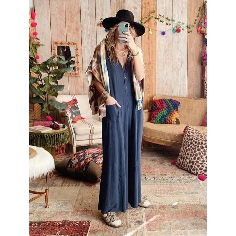 Natural Life Jenna Jumpsuit Oversized Small Medium Blue Cotton Linen Boho V Neck